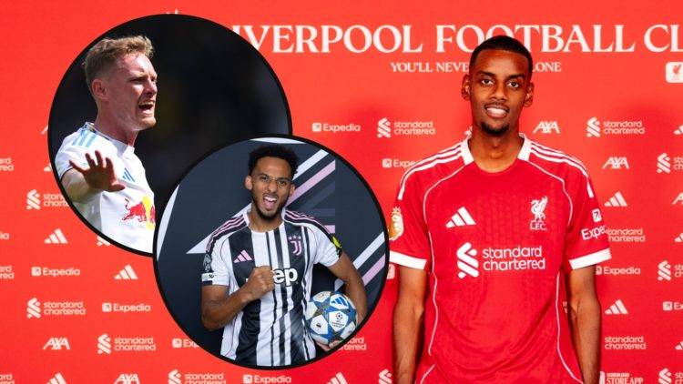 Alexander Isak poses in a Liverpool shirt. Inset: Lloyd Kelly cheers while holding a football. Sean Longstaff in action for Leeds United.