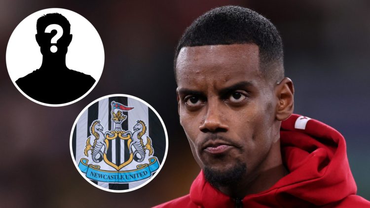 Inset 1, mystery person graphic. Inset 2, Newcastle United badge. Alexander Isak looks on before a Liverpool game.