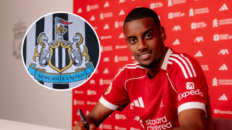 Alexander Isak signing his Liverpool contract. Inset: the Newcastle United badge on a flag.