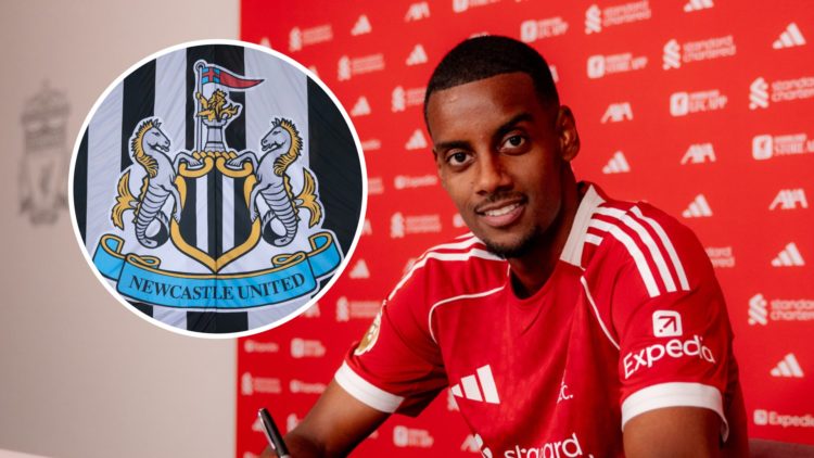 Liverpool Unveil New Signing Alexander Isak. Inset: the Newcastle United badge on a flag.