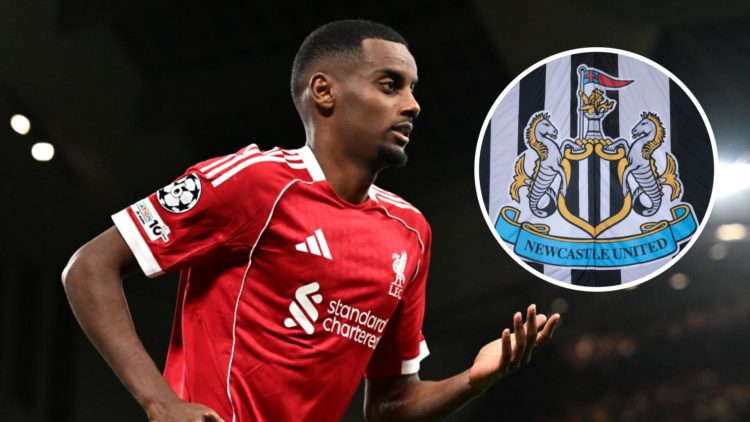 Alexander Isak is in action for Liverpool on his debut against Atletico Madrid. Inset: the Newcastle United badge on a flag.