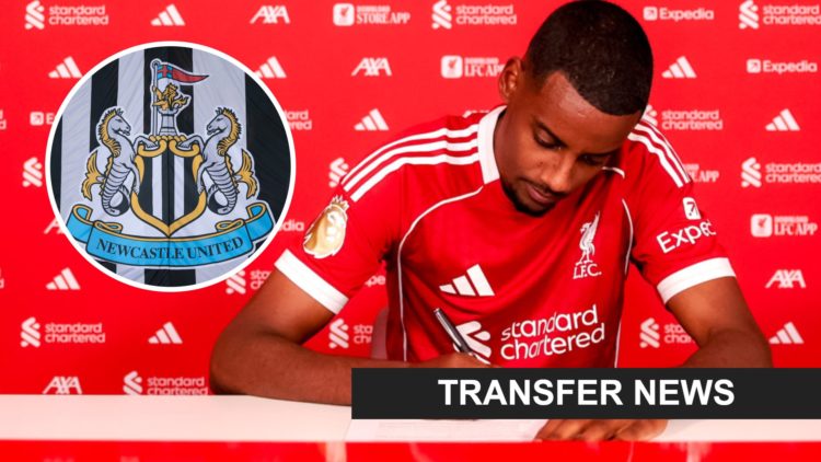 Alexander Isak signs his Liverpool contract. Inset: the Newcastle United badge on a flag and a transfer news banner