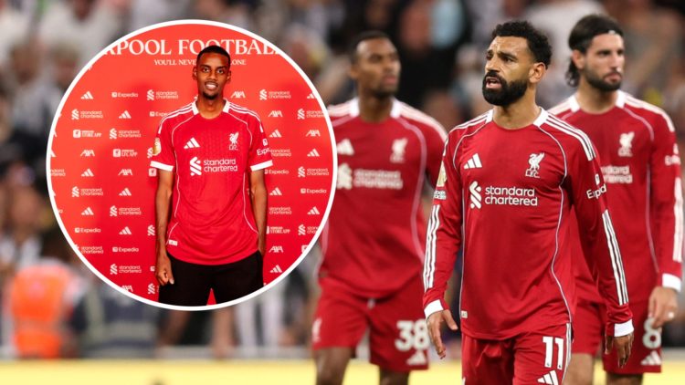 Inset, Alexander Isak poses in a Liverpool shirt. Mohamed Salah looks dejected playing for Liverpool against Newcastle United.