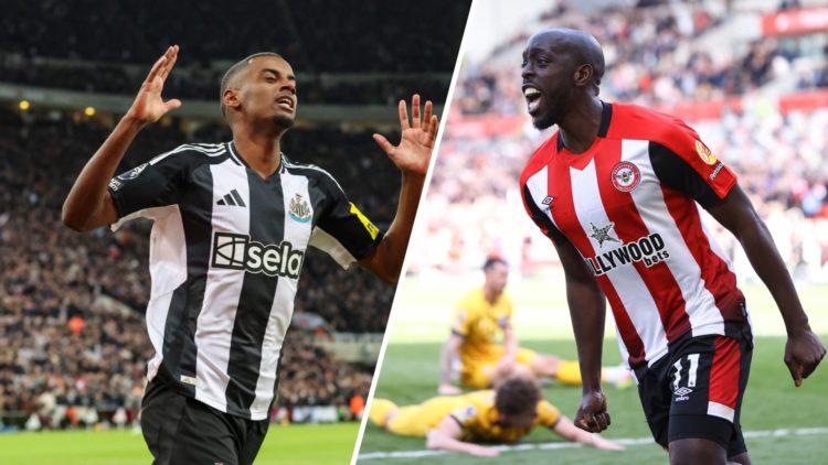 Split image: Alexander Isak holds his arms up in disbelief (L). Yoane Wissa celebrates a goal for Brentford (R).