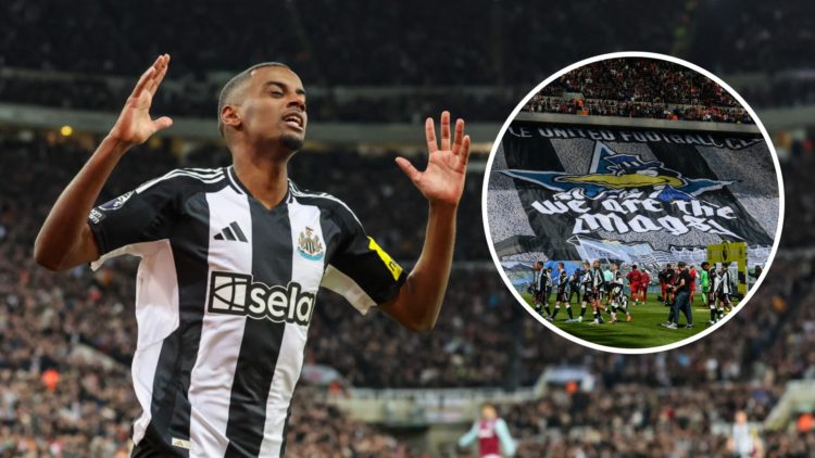 Alexander Isak rues a missed chance during a Premier League game between Newcastle United and West Ham United. Inset: a Wor Flags display in the Le...