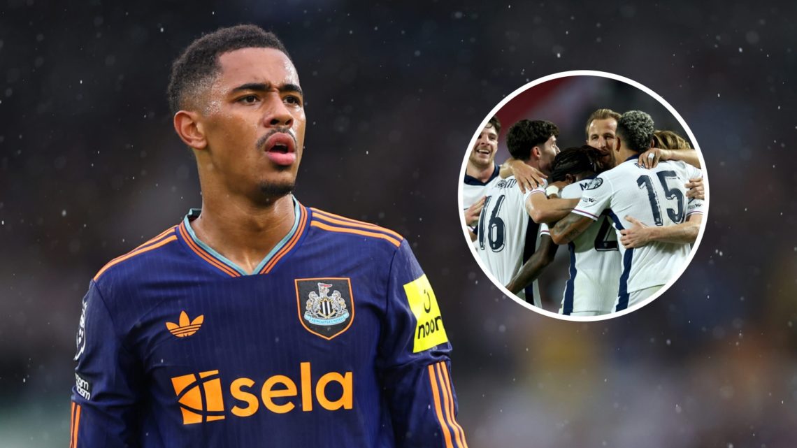 Jacob Ramsey playing for Newcastle United, England players celebrate scoring against Serbia.