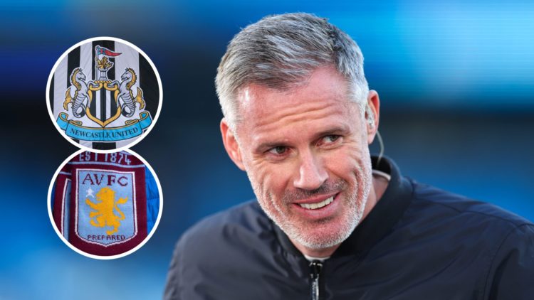 Jamie Carragher doing punditry, Newcastle United badge, Aston Villa badge