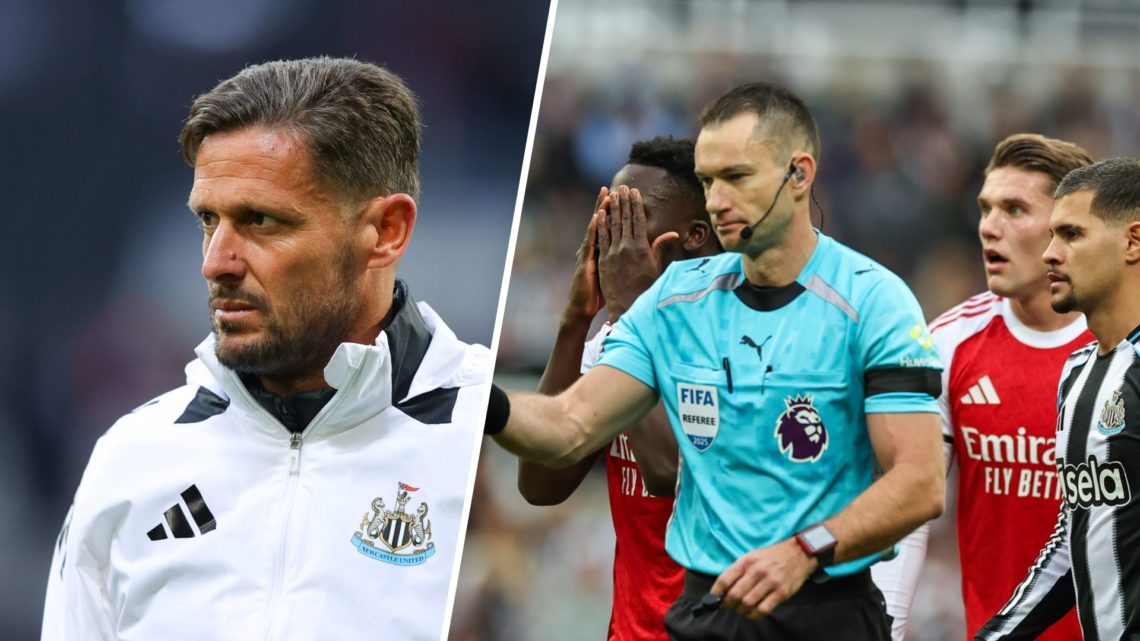 Newcastle United assistant head coach Jason Tindall looks on, Jarred Gillett overturns a penalty during Newcastle United vs Arsenal.
