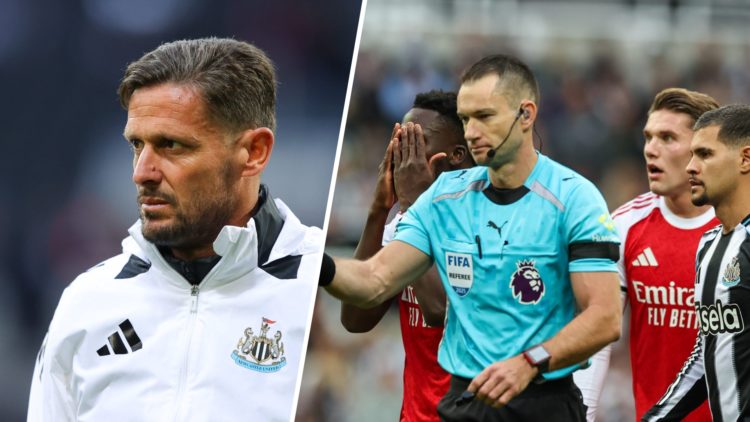 Newcastle United assistant head coach Jason Tindall looks on, Jarred Gillett overturns a penalty during Newcastle United vs Arsenal.