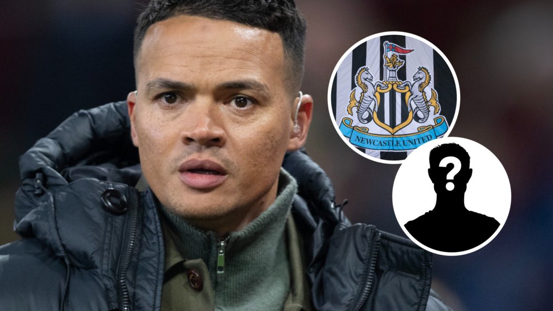 Jermaine Jenas does punditry during a Premier League game between Aston Villa and Newcastle United. Inset: the Newcastle United badge and a mystery...