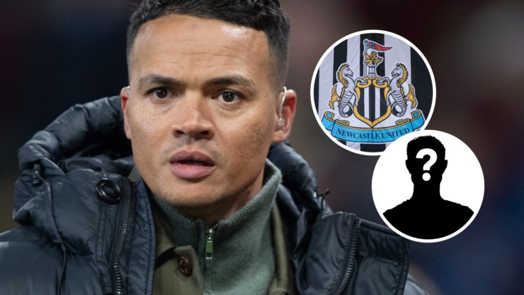 Jermaine Jenas does punditry during a Premier League game between Aston Villa and Newcastle United. Inset: the Newcastle United badge and a mystery...