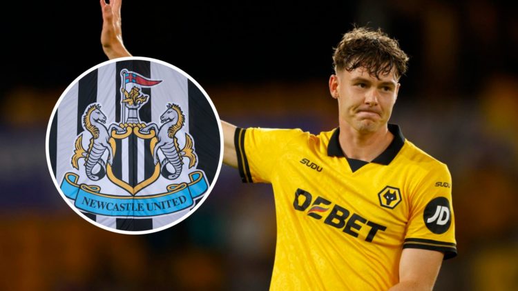 Jorgen Strand Larsen playing for Wolves, Newcastle United badge