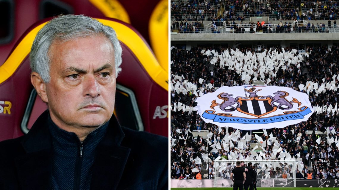 Jose Mourinho sitting on the touchline managing Roma, Newcastle United fans hold up a banner inside of the club badge inside St James' Park.