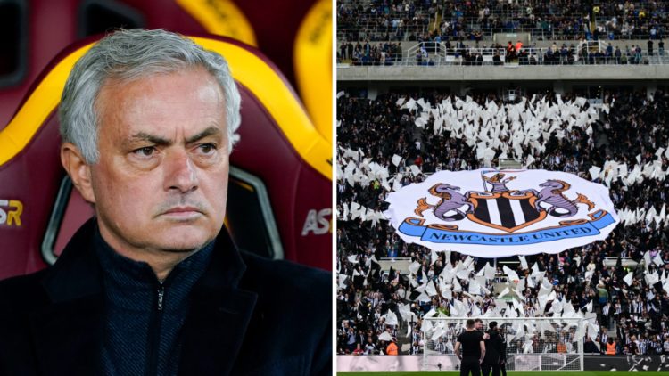 Jose Mourinho sitting on the touchline managing Roma, Newcastle United fans hold up a banner inside of the club badge inside St James' Park.