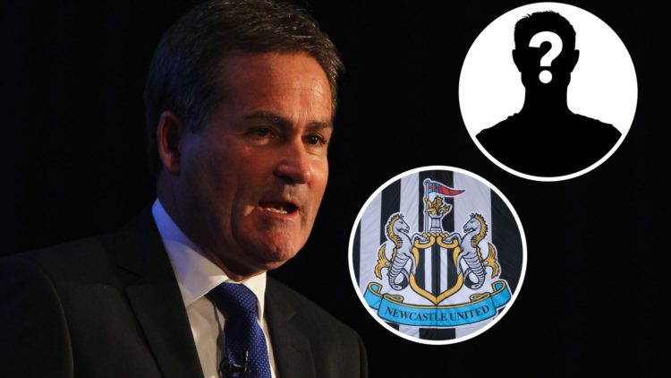 Richard Keys speaking at a press event. Inset 1, mystery person graphic. Inset 2, Newcastle United badge.