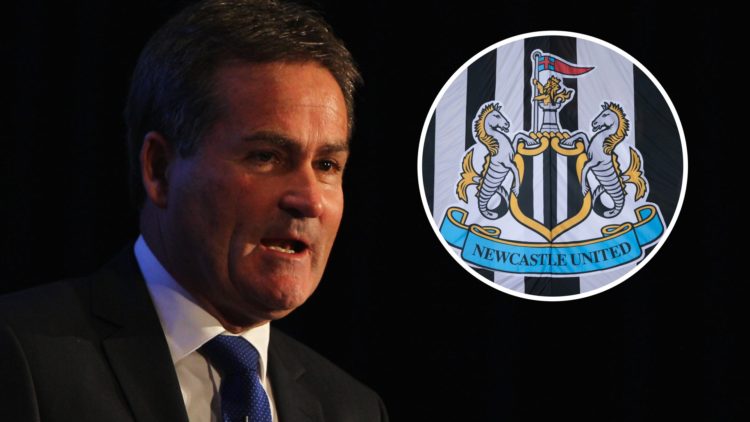 TV presenter Richard Keys speaking at a Champions League event. Inset, Newcastle United badge.