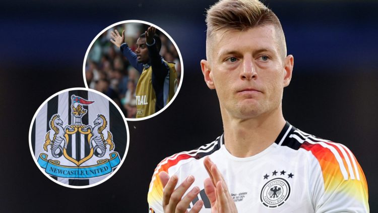 Toni Kroos applauds to the fans after Spain beat Germany at Euro 2024. Inset: Alexander Isak warming up for Sweden and the Newcastle United badge o...