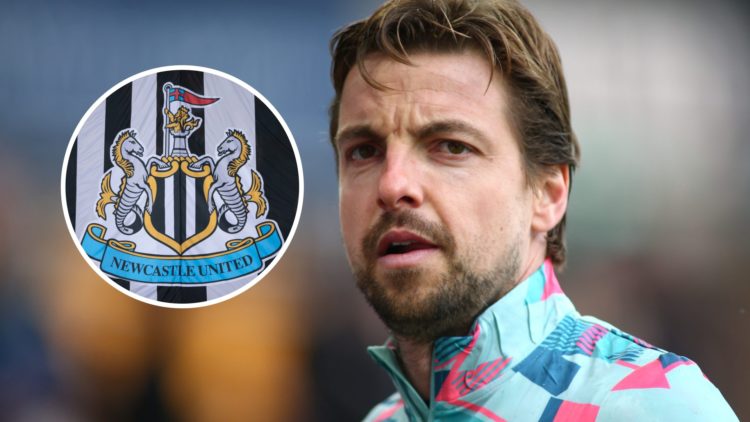 Tim Krul warms up ahead of Wolves vs Luton Town in the Premier League. Inset: the Newcastle United badge.