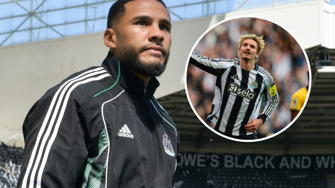 Jamaal Lascelles arrives at St James' Park before a Newcastle United game. Inset, Nick Woltemade celebrates scoring.