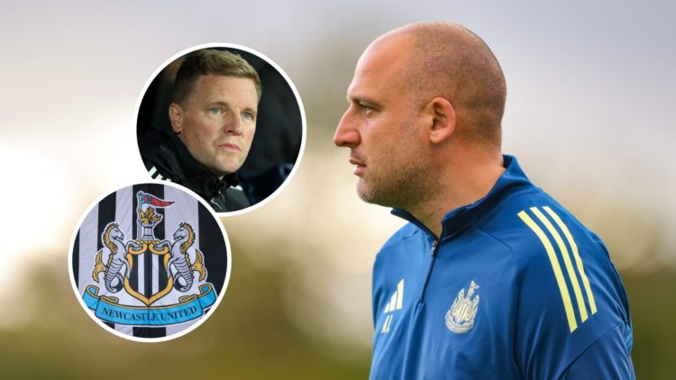 Adam Lawrence looks on during a UEFA Youth League game between Newcastle United and Barcelona. Inset: the Newcastle United badge and head coach Edd...
