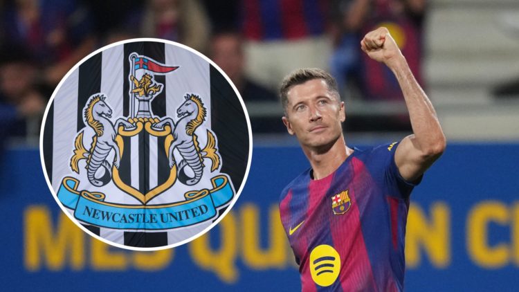 Robert Lewandowski celebrates a goal during a La Liga game between Barcelona and Valencia. Inset: the Newcastle United badge on a flag.