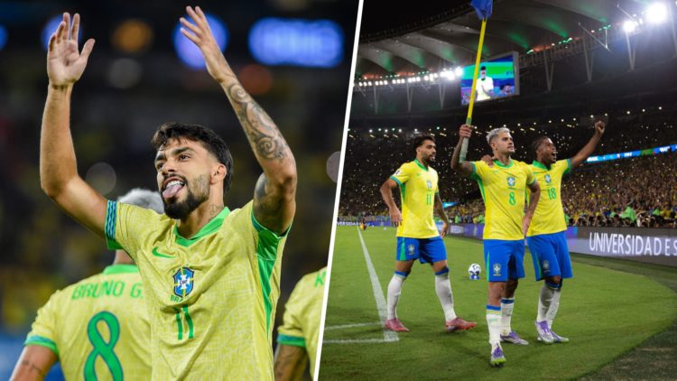 Lucas Paqueta celebrates scoring for Brazil, Bruno Guimaraes celebrates scoring for Brazil.