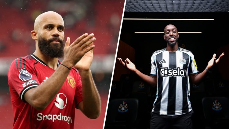 Bryan Mbeumo claps towards Manchester United fans. Yoane Wissa posing in a Newcastle United shirt.