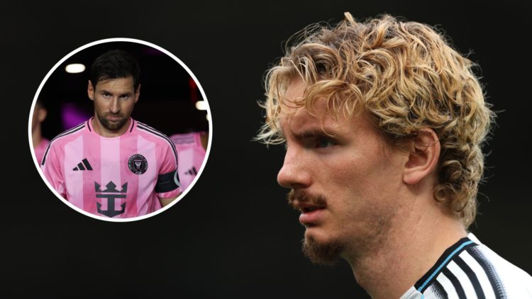 Inset, Lionel Messi. Newcastle United star Nick Woltemade watches on.
