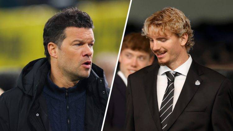 Michael Ballack doing punditry, Nick Woltemade watches Newcastle United in action against Leeds.