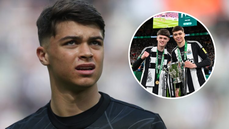 Lewis Miley warms up before a Premier League game between Newcastle United and Ipswich Town. Inset: Lewis Miley and Sean Neave with the Carabao Cup...