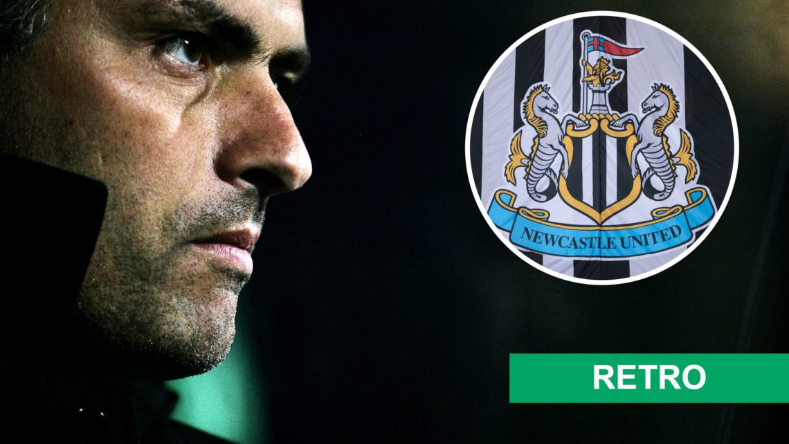 Porto manager Jose Mourinho looks out from the dugout before a Champions League game against Lyon in 2004. Inset, Newcastle United badge.