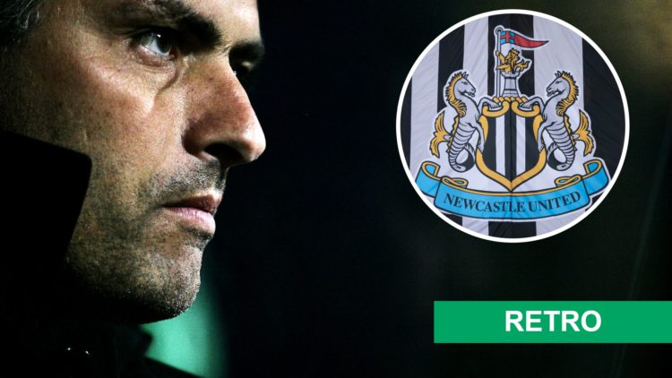 Porto manager Jose Mourinho looks out from the dugout before a Champions League game against Lyon in 2004. Inset, Newcastle United badge.