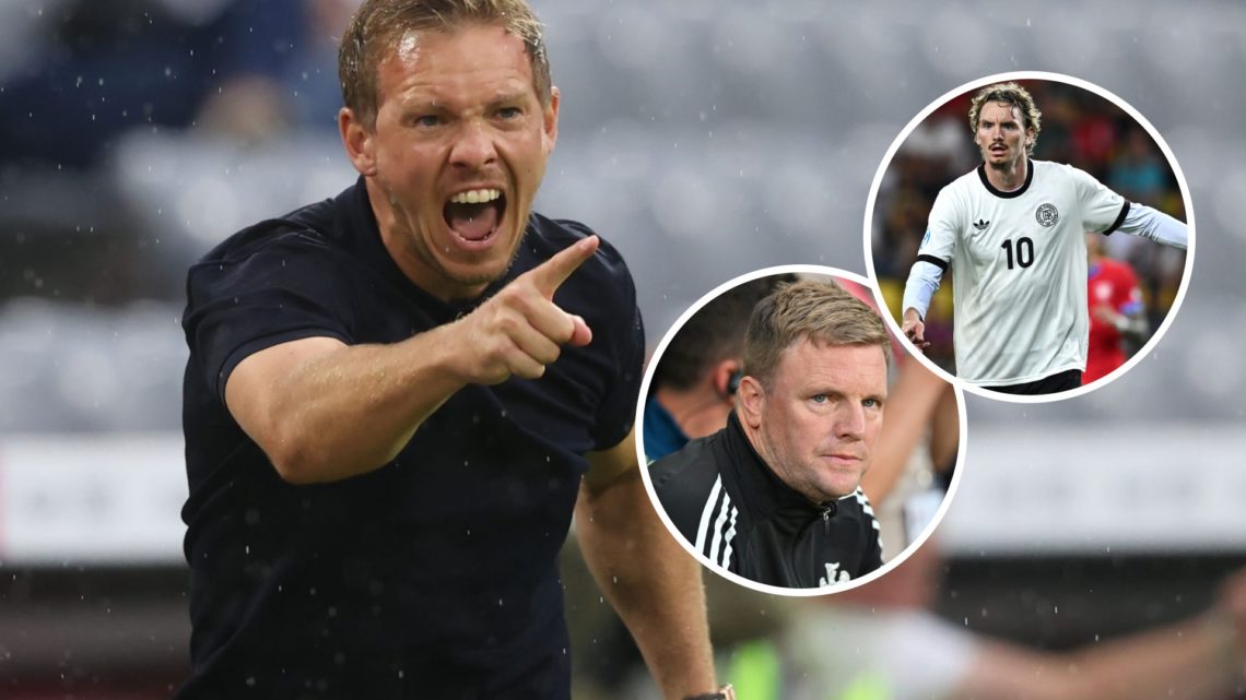 Julian Nagelsmann celebates after a goal between Bayern Munich and FC Koln. Inset: Newcastle United manager Eddie Howe and Nick Woltemade playing f...
