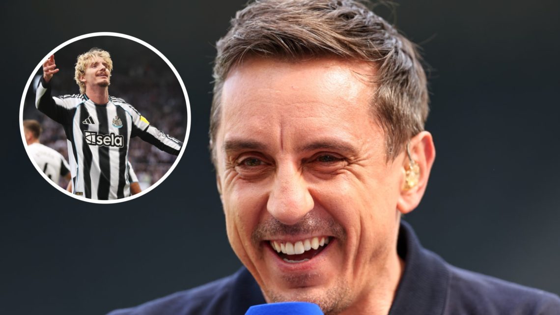 Gary Neville working as a pundit. Nick Woltemade celebrates after scoring for Newcastle United against Arsenal.