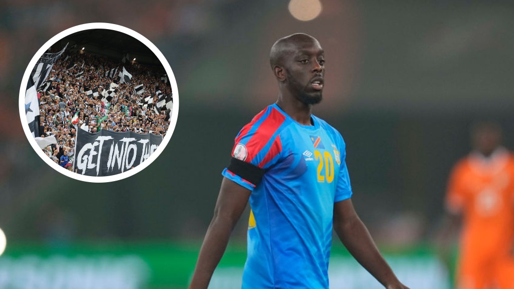 Inset, Newcastle United fans. Yoane Wissa playing for DR Congo.