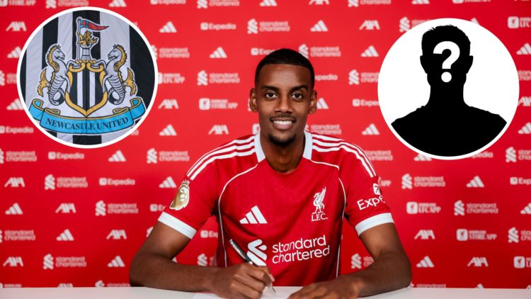 Inset 1, Newcastle United badge. Alexander Isak signs for Liverpool. Inset 2, mystery person graphic.