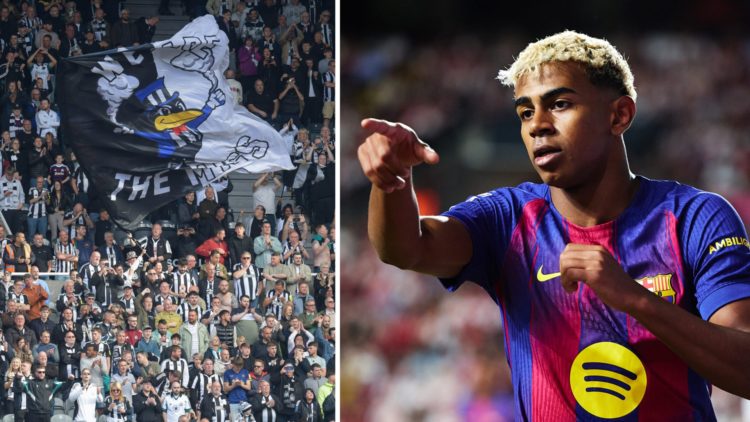 Newcastle United fans wave a flag inside St James' Park, Lamine Yamal in action for Barcelona.