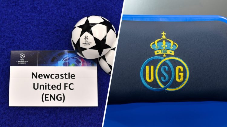 Newcastle United's ball from the Champions League draw, Union Saint-Gilloise badge.