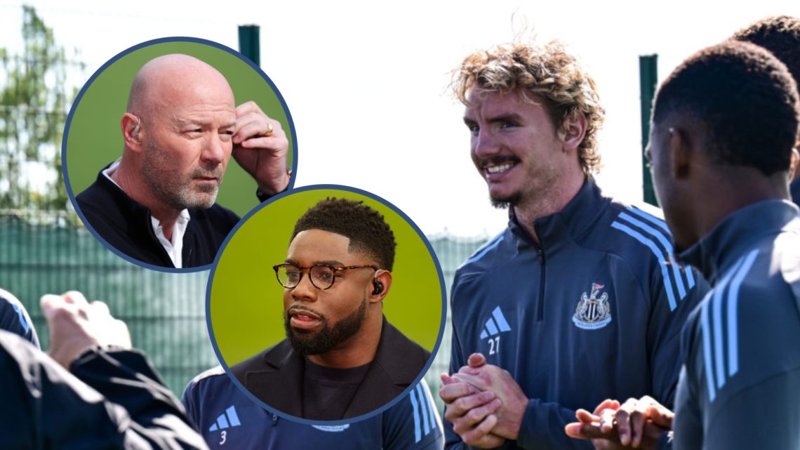 Nick Woltemade in Newcastle United training, Alan Shearer doing punditry, Micah Richards doing punditry.
