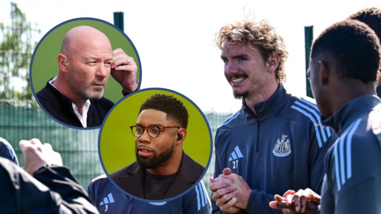 Nick Woltemade in Newcastle United training, Alan Shearer doing punditry, Micah Richards doing punditry.