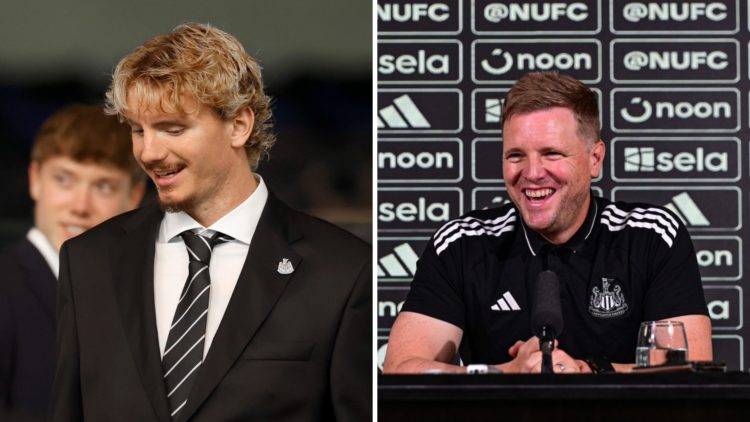 Nick Woltemade watches Newcastle United play, Eddie Howe laughs while speaking to the media.