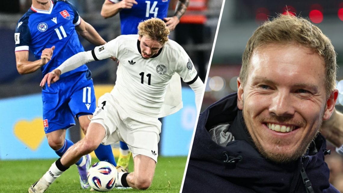Nick Woltemade playing for Germany against Slovakia, Julian Nagelsmann looks on