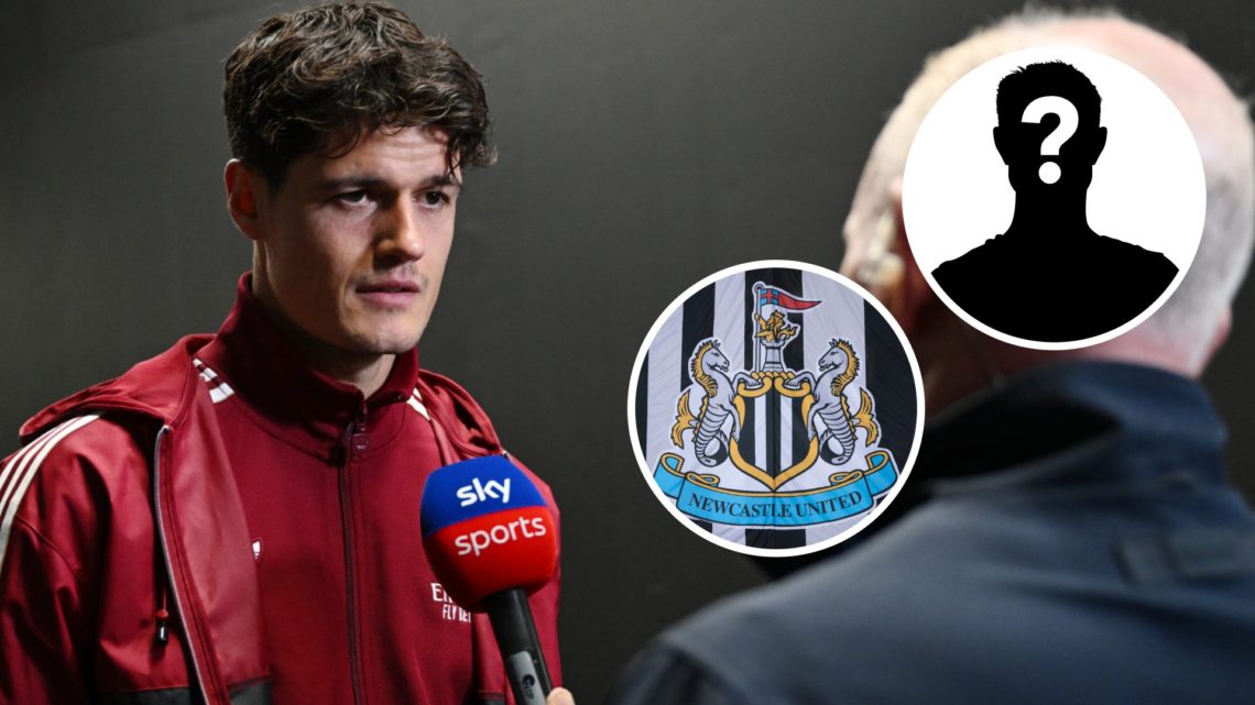 Arsenal FC midfielder Christian Norgaard conducting an interview. Inset 1, mystery person graphic. Inset 2, Newcastle United badge.