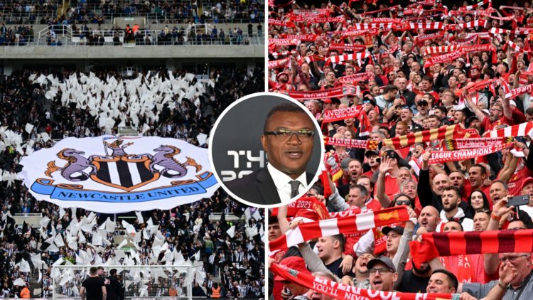 Newcastle United fans display a banner with the club crest at St James' Park before a Premier League game between Newcastle United and Everton. A g...