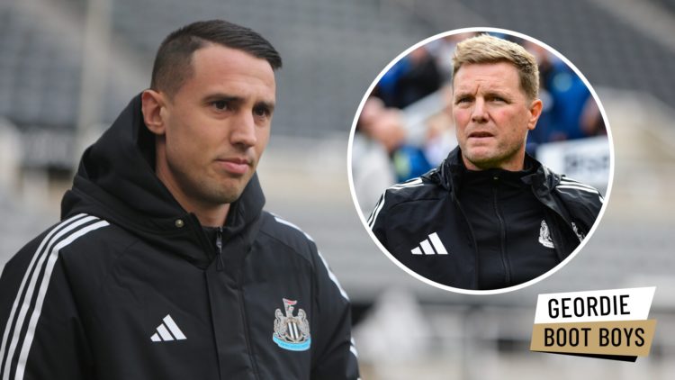 Odysseas Vlachodimos before Newcastle vs Leicester. Inset: Newcastle United boss Eddie Howe and the Geordie Boot Boys logo