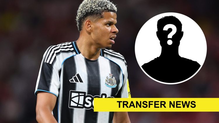 William Osula playing for Newcastle United against Arsenal. Inset: a mystery player and transfer news banner