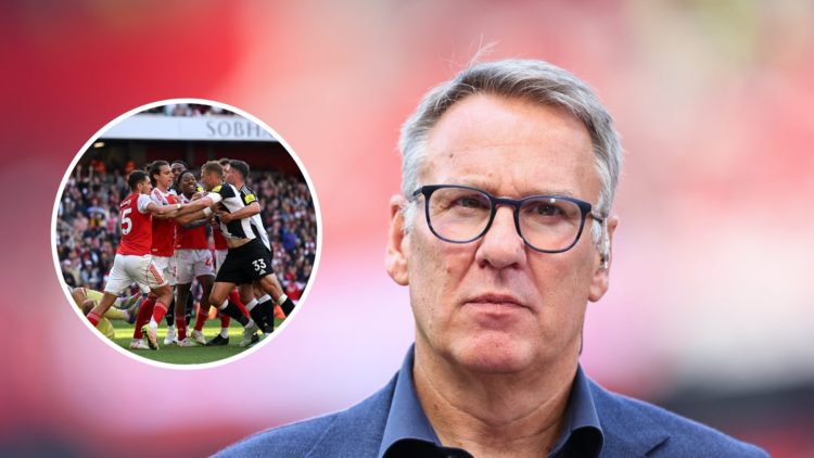 Paul Merson doing punditry, Arsenal and Newcastle United players push each other during a Premier League game.