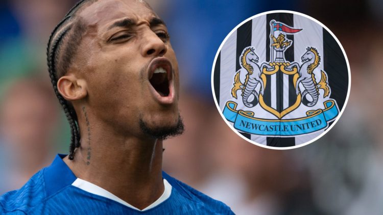 Joao Pedro celebrates scoring for Chelsea against Fulham in the Premier League. Inset, Newcastle United badge.