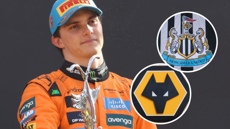 Oscar Piastri celebrates a podium at the 2025 F1 Italian Grand Prix. Inset: the Newcastle United and Wolves badges.