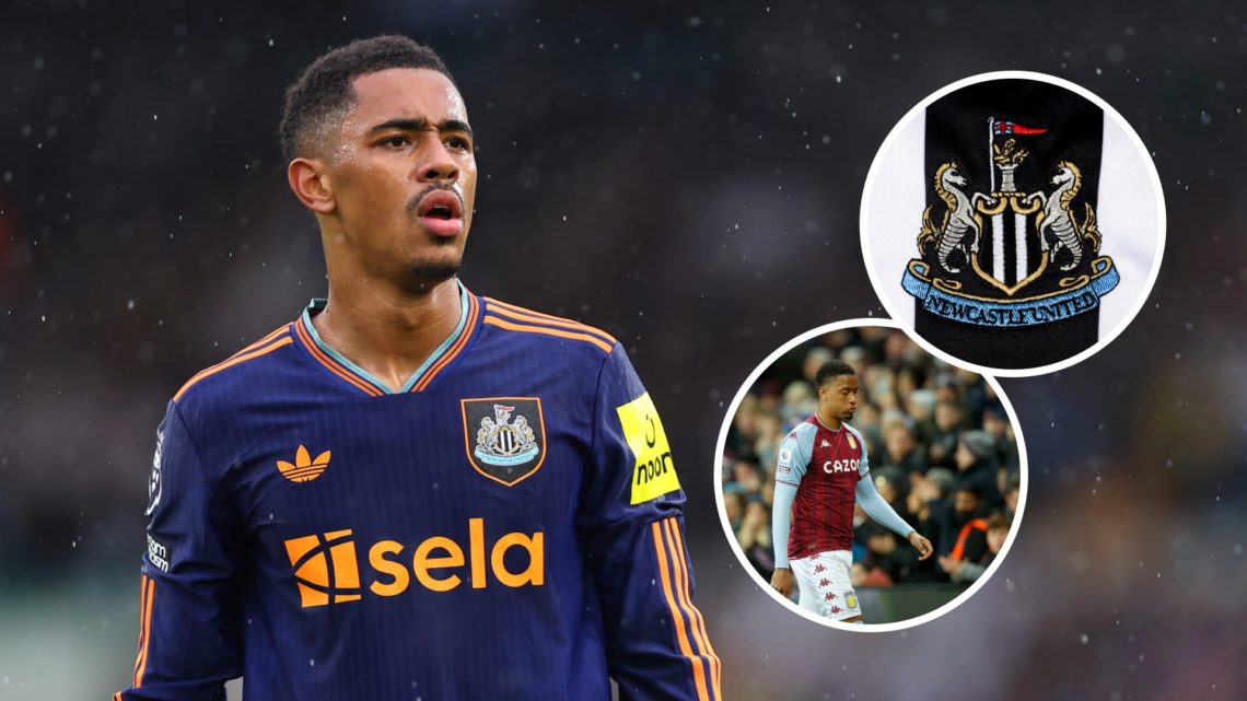 Jacob Ramsey looks on during Leeds vs Newcastle United. Inset: Aston Villa Ezri Konsa and the Newcastle United crest